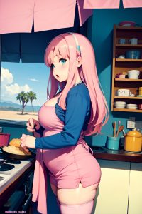 anime,chubby,small tits,80s age,shocked face,pink hair,straight hair style,light skin,comic,desert,side view,cooking,stockings