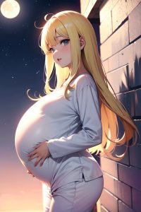 anime,pregnant,small tits,80s age,orgasm face,blonde,bangs hair style,light skin,black and white,moon,back view,jumping,pajamas