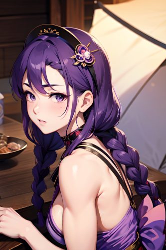 anime,muscular,small tits,50s age,sad face,purple hair,braided hair style,light skin,illustration,tent,close-up view,on back,geisha