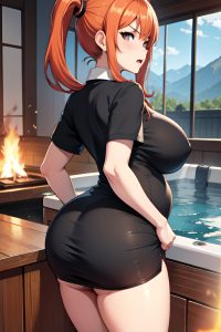 anime,pregnant,huge boobs,50s age,angry face,ginger,pigtails hair style,light skin,charcoal,hot tub,back view,cooking,mini skirt