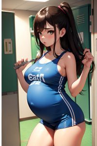 anime,pregnant,small tits,70s age,pouting lips face,brunette,straight hair style,light skin,illustration,locker room,front view,working out,goth