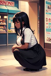 anime,pregnant,small tits,70s age,sad face,black hair,bangs hair style,dark skin,warm anime,mall,side view,squatting,maid