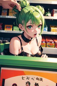 anime,busty,small tits,30s age,ahegao face,green hair,hair bun hair style,light skin,film photo,grocery,close-up view,plank,latex