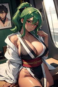 anime,muscular,huge boobs,40s age,sad face,green hair,messy hair style,dark skin,charcoal,train,close-up view,on back,kimono
