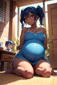 anime,pregnant,small tits,40s age,serious face,blue hair,pigtails hair style,dark skin,soft anime,desert,front view,massage,fishnet