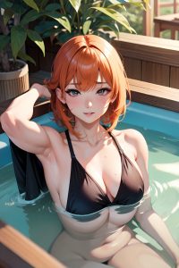 anime,muscular,small tits,60s age,ahegao face,ginger,bangs hair style,dark skin,soft + warm,hot tub,close-up view,working out,kimono