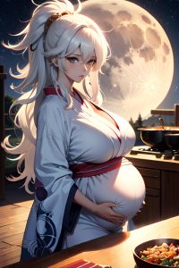 anime,pregnant,huge boobs,70s age,serious face,white hair,messy hair style,light skin,crisp anime,moon,front view,cooking,kimono