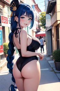 anime,chubby,small tits,60s age,laughing face,blue hair,braided hair style,dark skin,black and white,street,back view,plank,geisha