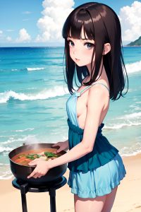 anime,skinny,small tits,40s age,pouting lips face,brunette,bangs hair style,light skin,illustration,beach,side view,cooking,mini skirt