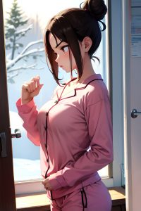 anime,busty,small tits,18 age,serious face,brunette,hair bun hair style,light skin,vintage,snow,side view,working out,pajamas