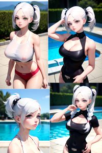 anime,skinny,huge boobs,50s age,shocked face,white hair,pigtails hair style,light skin,3d,pool,close-up view,jumping,goth