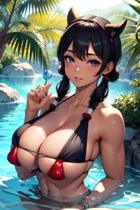 anime,muscular,huge boobs,18 age,happy face,black hair,pigtails hair style,dark skin,painting,oasis,front view,bathing,geisha