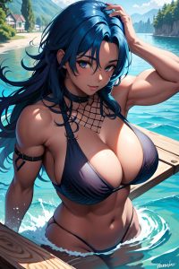 anime,muscular,huge boobs,18 age,happy face,blue hair,messy hair style,dark skin,painting,lake,front view,plank,fishnet