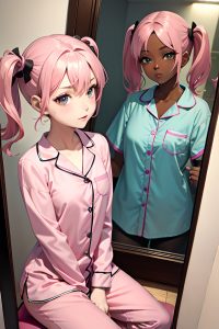 anime,skinny,small tits,30s age,seductive face,pink hair,pigtails hair style,dark skin,mirror selfie,mall,close-up view,straddling,pajamas