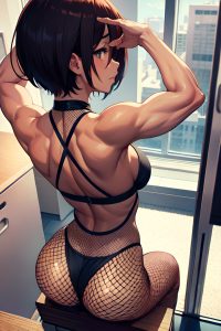 anime,muscular,small tits,20s age,angry face,ginger,bobcut hair style,dark skin,warm anime,office,back view,jumping,fishnet