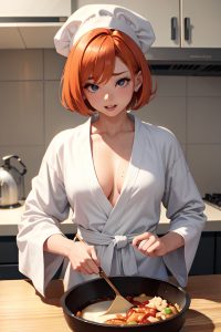 anime,muscular,small tits,30s age,ahegao face,ginger,bobcut hair style,light skin,soft anime,kitchen,front view,cooking,bathrobe