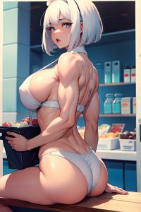 anime,muscular,huge boobs,80s age,shocked face,white hair,bobcut hair style,light skin,watercolor,grocery,back view,straddling,maid