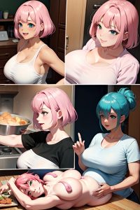 anime,pregnant,huge boobs,30s age,happy face,pink hair,pixie hair style,dark skin,vintage,gym,side view,cooking,schoolgirl