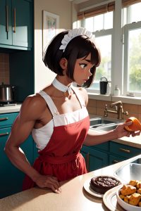 anime,muscular,small tits,18 age,shocked face,brunette,bobcut hair style,dark skin,vintage,kitchen,side view,working out,maid