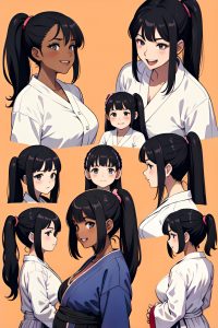 anime,pregnant,small tits,40s age,laughing face,black hair,ponytail hair style,dark skin,soft anime,desert,back view,on back,bathrobe
