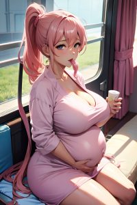 anime,pregnant,huge boobs,50s age,orgasm face,pink hair,ponytail hair style,dark skin,watercolor,bus,close-up view,eating,bathrobe