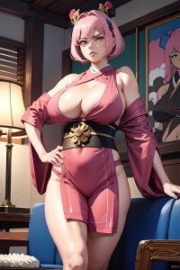 anime,muscular,huge boobs,70s age,angry face,pink hair,bobcut hair style,light skin,painting,couch,front view,plank,geisha