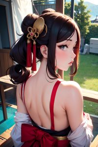 anime,busty,small tits,50s age,pouting lips face,ginger,hair bun hair style,dark skin,film photo,tent,back view,working out,geisha