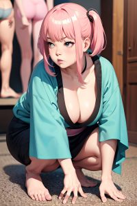 anime,chubby,small tits,70s age,serious face,pink hair,bangs hair style,dark skin,charcoal,changing room,close-up view,squatting,kimono