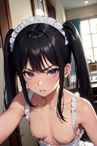 anime,skinny,small tits,80s age,angry face,black hair,pigtails hair style,dark skin,mirror selfie,mountains,close-up view,cumshot,maid