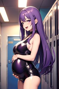 anime,pregnant,small tits,70s age,laughing face,purple hair,straight hair style,light skin,dark fantasy,locker room,front view,eating,latex