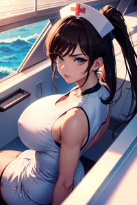 anime,skinny,huge boobs,80s age,serious face,brunette,ponytail hair style,light skin,warm anime,yacht,close-up view,on back,nurse