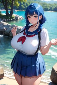 anime,chubby,huge boobs,80s age,serious face,blue hair,braided hair style,light skin,warm anime,lake,front view,cumshot,schoolgirl