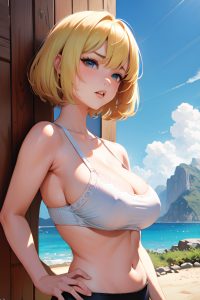 anime,busty,huge boobs,80s age,angry face,blonde,bobcut hair style,light skin,watercolor,mountains,front view,plank,bra
