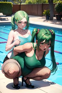 anime,pregnant,huge boobs,50s age,shocked face,green hair,pigtails hair style,dark skin,film photo,pool,close-up view,squatting,fishnet