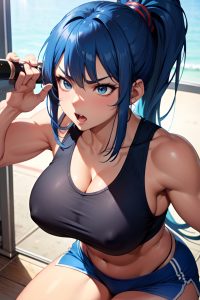anime,muscular,huge boobs,40s age,angry face,blue hair,ponytail hair style,dark skin,skin detail (beta),club,close-up view,cumshot,teacher