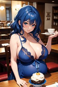 anime,pregnant,huge boobs,40s age,seductive face,blue hair,messy hair style,dark skin,soft + warm,restaurant,front view,jumping,lingerie