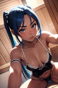 anime,muscular,small tits,20s age,pouting lips face,blue hair,pigtails hair style,dark skin,black and white,sauna,close-up view,spreading legs,lingerie