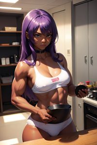anime,muscular,small tits,70s age,serious face,purple hair,straight hair style,dark skin,cyberpunk,changing room,close-up view,cooking,schoolgirl