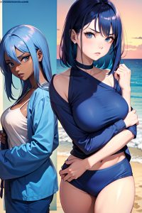 anime,busty,small tits,60s age,angry face,blue hair,slicked hair style,dark skin,soft anime,beach,side view,t-pose,pajamas