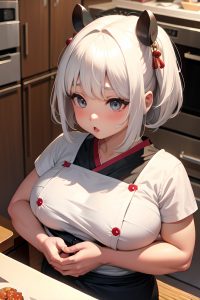 anime,chubby,small tits,70s age,shocked face,white hair,bangs hair style,dark skin,charcoal,kitchen,front view,on back,geisha