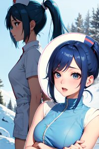 anime,skinny,small tits,40s age,orgasm face,blue hair,ponytail hair style,light skin,comic,snow,side view,cumshot,nurse