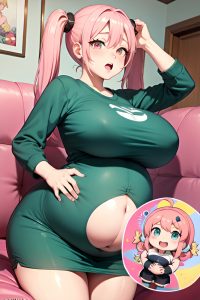 anime,pregnant,huge boobs,18 age,shocked face,pink hair,pigtails hair style,light skin,vintage,couch,front view,jumping,mini skirt