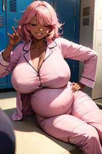 anime,pregnant,huge boobs,80s age,laughing face,pink hair,messy hair style,dark skin,warm anime,locker room,close-up view,sleeping,pajamas