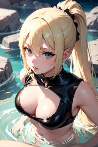 anime,busty,small tits,20s age,seductive face,blonde,ponytail hair style,light skin,black and white,desert,close-up view,bathing,latex