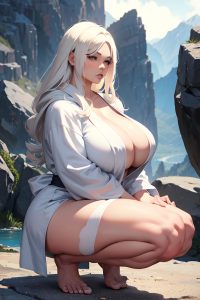 anime,muscular,huge boobs,70s age,pouting lips face,white hair,straight hair style,light skin,charcoal,mountains,side view,squatting,bathrobe