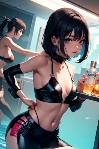 anime,skinny,small tits,50s age,happy face,black hair,straight hair style,dark skin,cyberpunk,underwater,side view,massage,goth