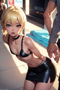 anime,skinny,small tits,60s age,orgasm face,blonde,pixie hair style,dark skin,cyberpunk,mall,close-up view,massage,mini skirt
