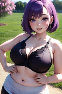 anime,chubby,small tits,20s age,happy face,purple hair,bobcut hair style,light skin,3d,meadow,front view,cooking,bra