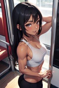 anime,muscular,small tits,40s age,happy face,ginger,straight hair style,dark skin,charcoal,bus,back view,yoga,goth