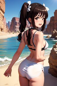 anime,busty,small tits,70s age,laughing face,brunette,pigtails hair style,light skin,film photo,desert,back view,massage,nurse